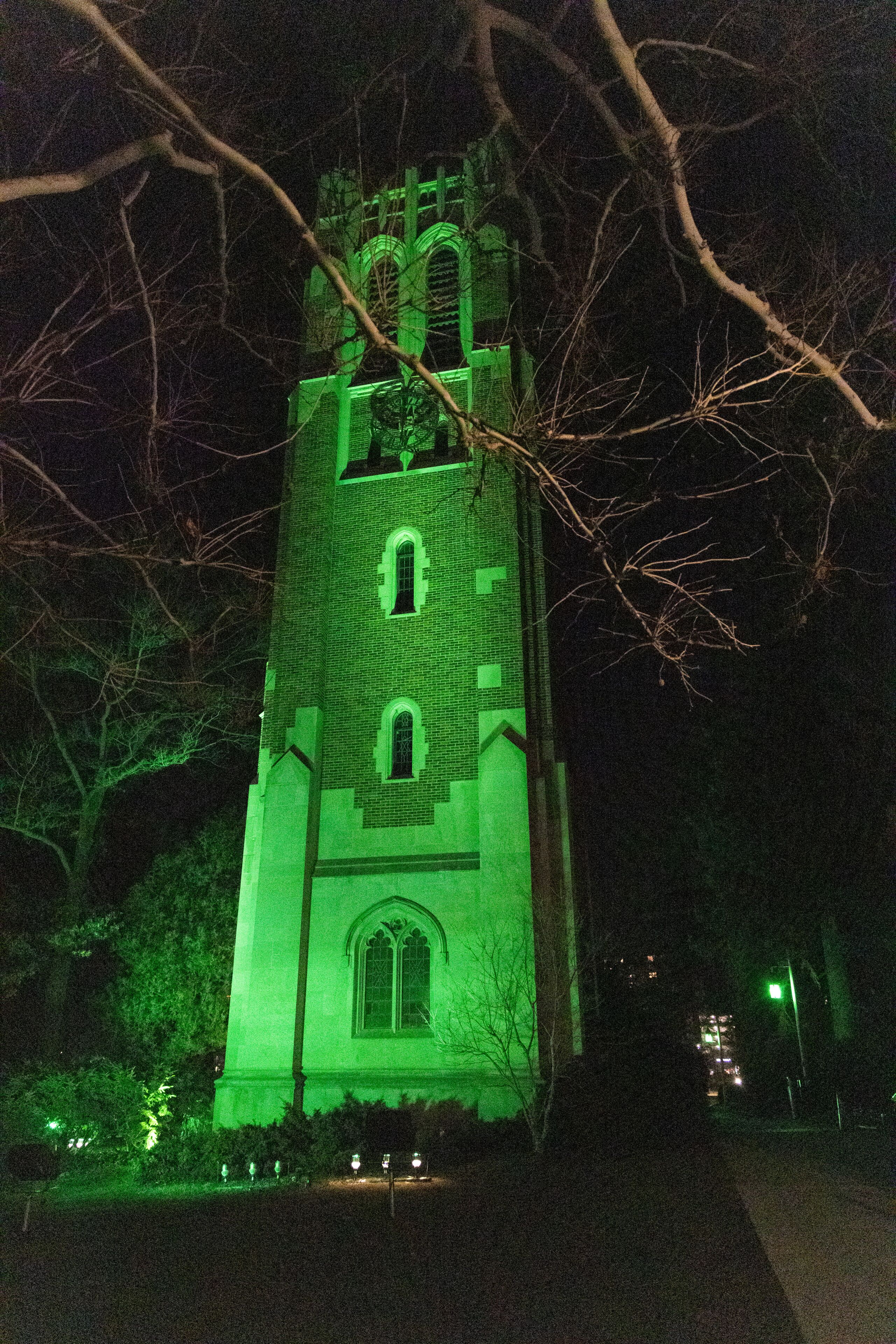 A tower with green lighting, surrounded by bare trees and a pathway.