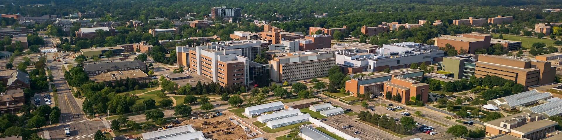 Aerial view of Michigan State University (MSU) campus in East Lansing. One of the top Agricultural science universities
