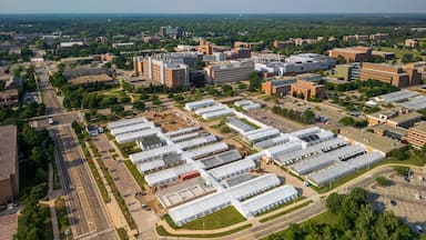 Aerial view of Michigan State University (MSU) campus in East Lansing. One of the top Agricultural science universities