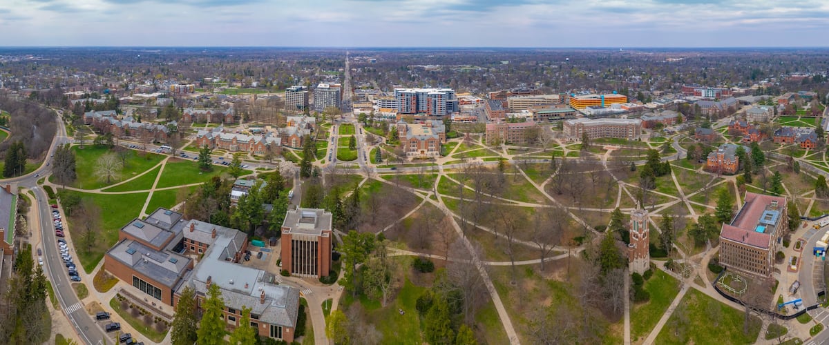Michigan State University panoramic aerial view in East Lansing, Michigan MI, USA.
