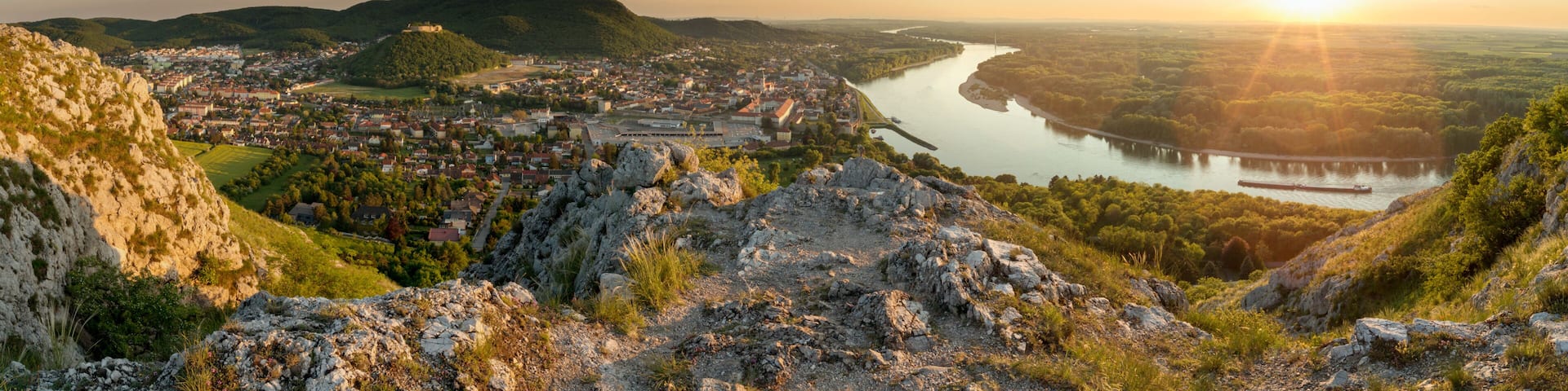 Hainburg at sunset from Braunsberg hill, Austria