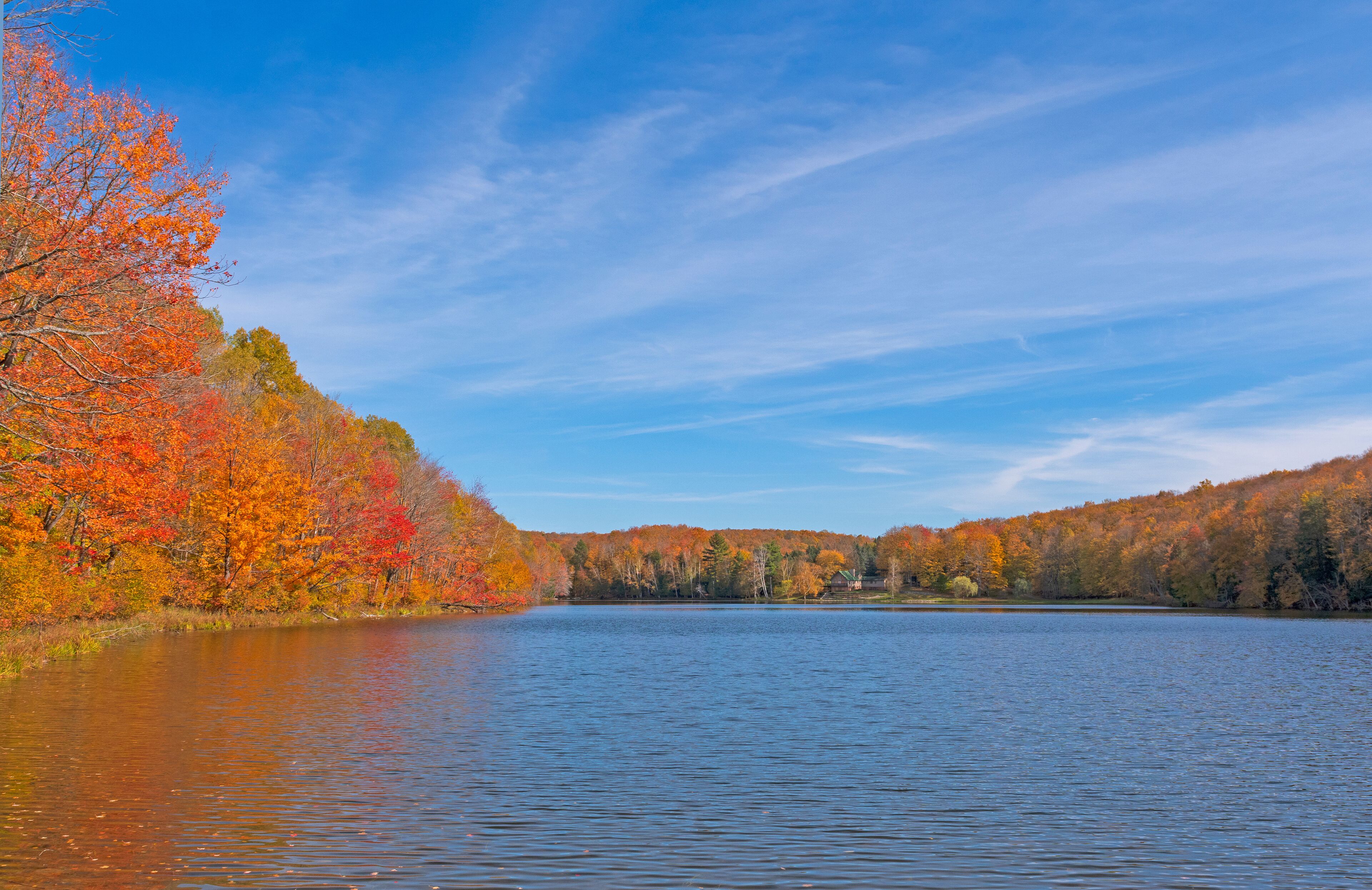 A lake surrounded by autumn-colored trees and a clear blue sky.