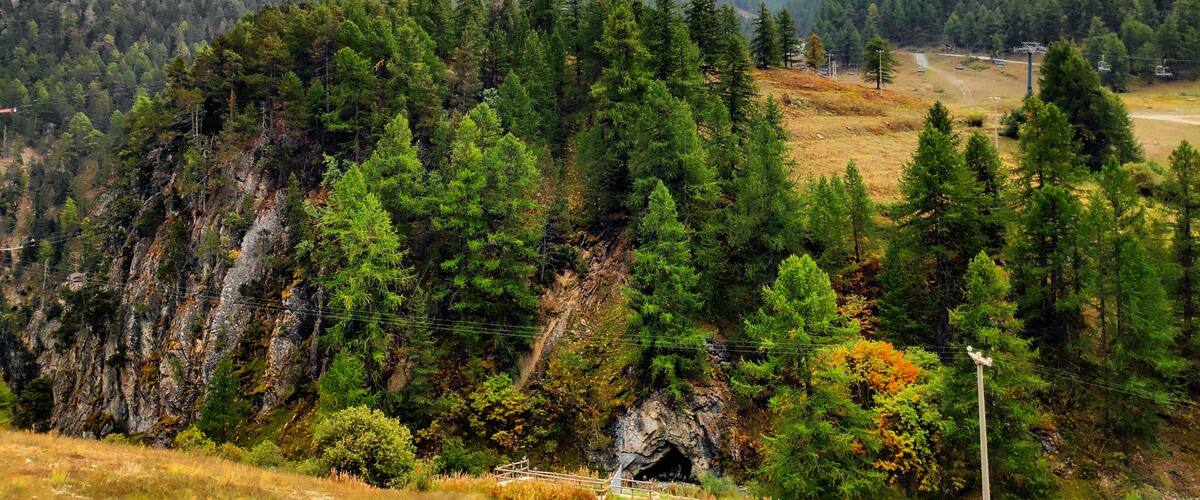 A mountainous landscape with dense forests, a rocky cliff, and a small cave entrance.