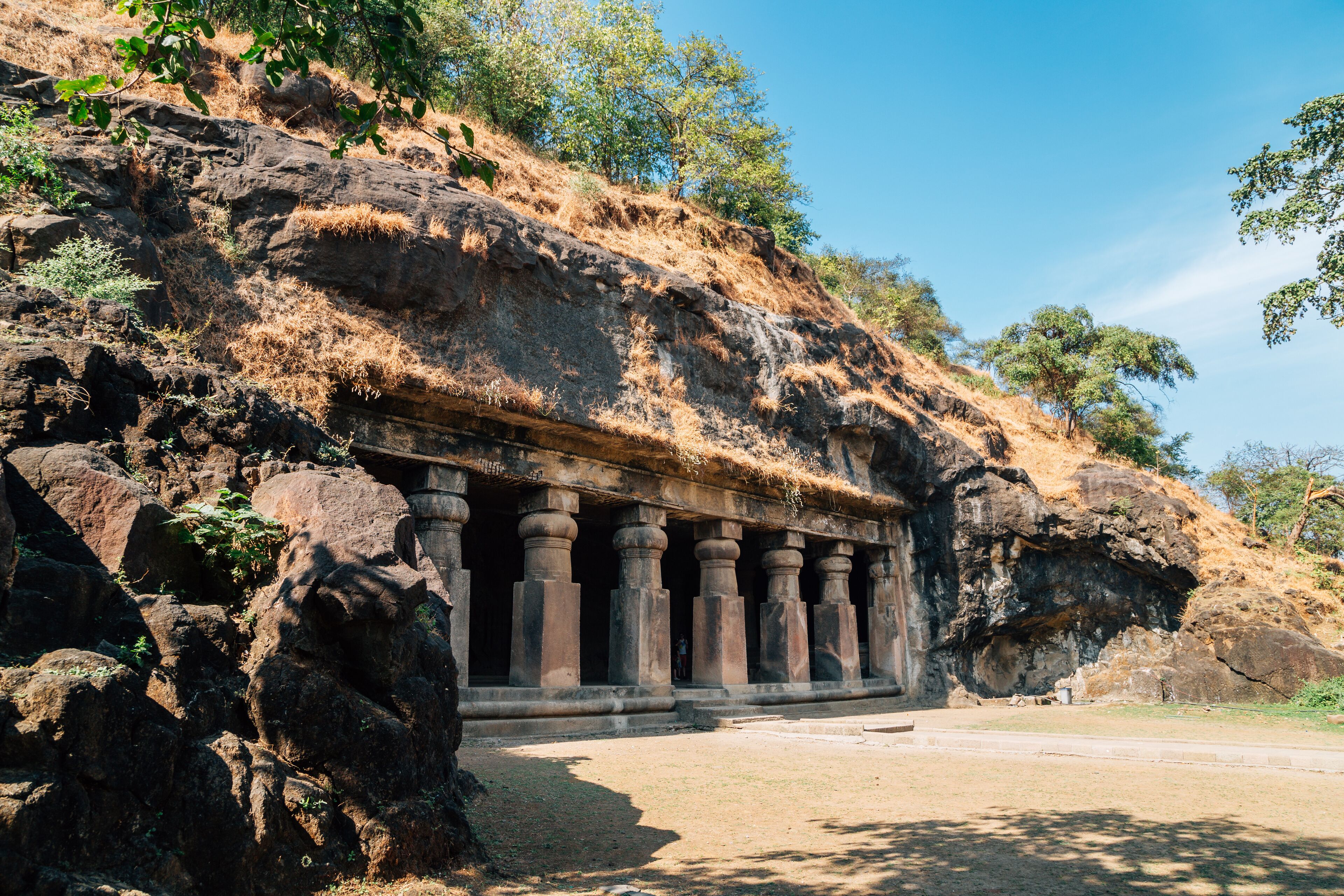 A rock-cut temple with columns, surrounded by dry grass and trees.