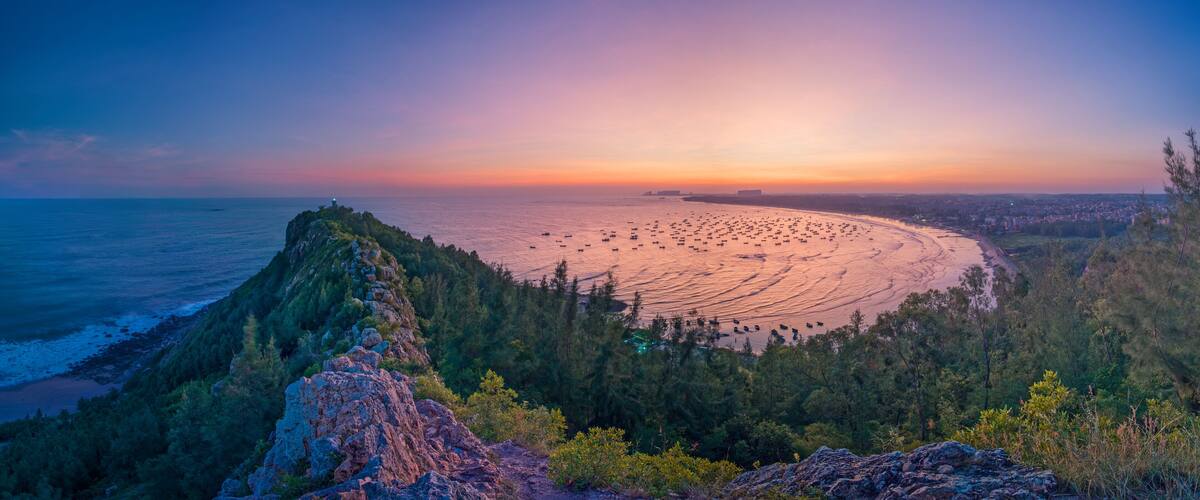 A coastal landscape with a rocky outcrop, dense forest, and a beach with numerous boats.