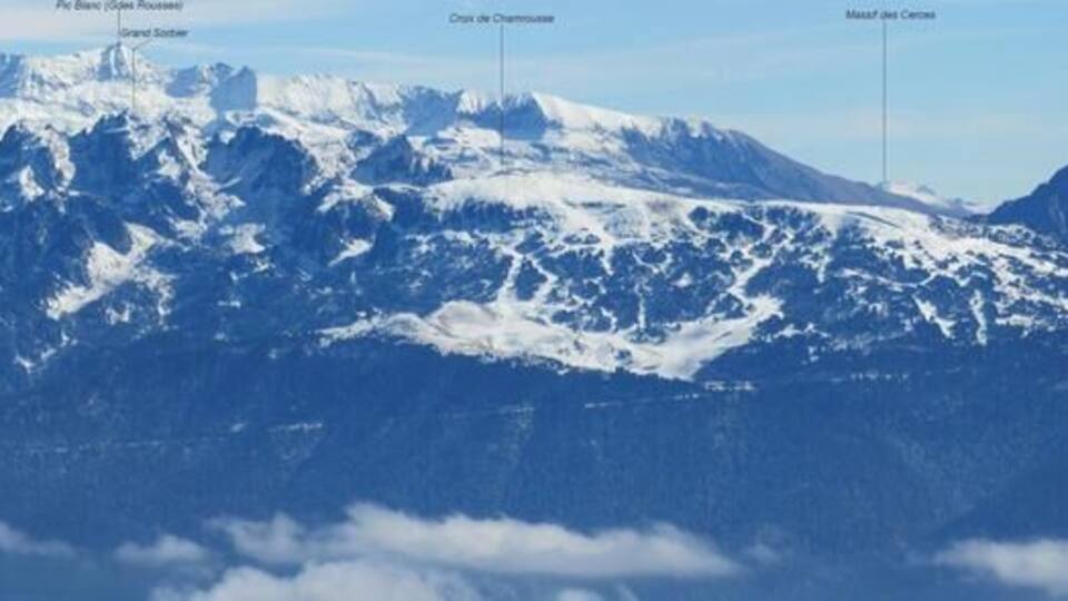 A range of snow-covered mountains with peaks labeled, including Mont Blanc, Grand Comel, and Grand St. Bernard.