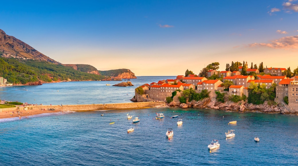 Old town and beach Sveti Stefan sea island, Budva, Montenegro, Europe