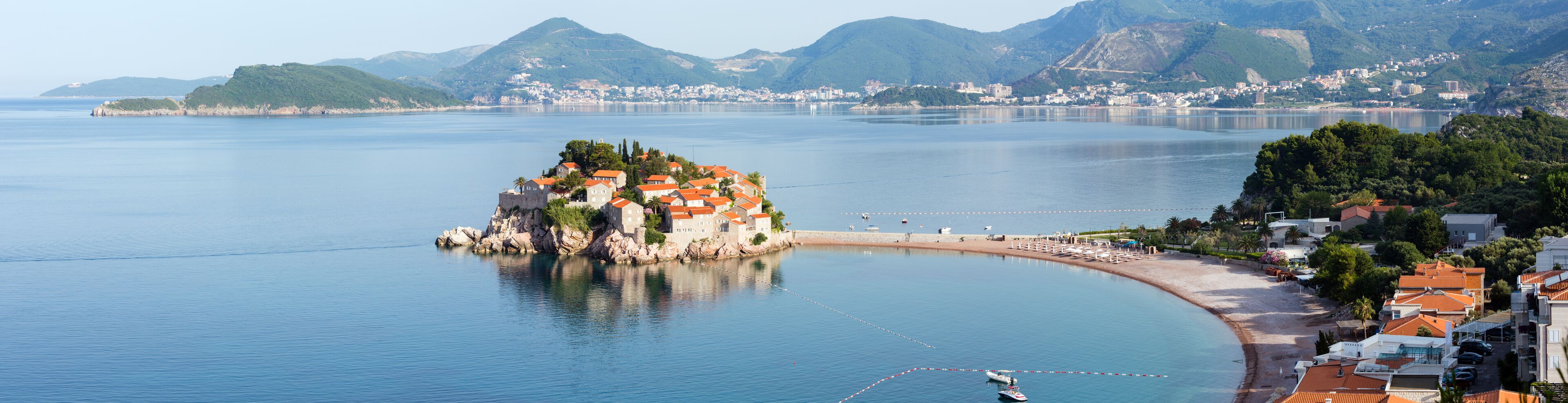 Sveti Stefan sea islet morning summer panorama (Montenegro).