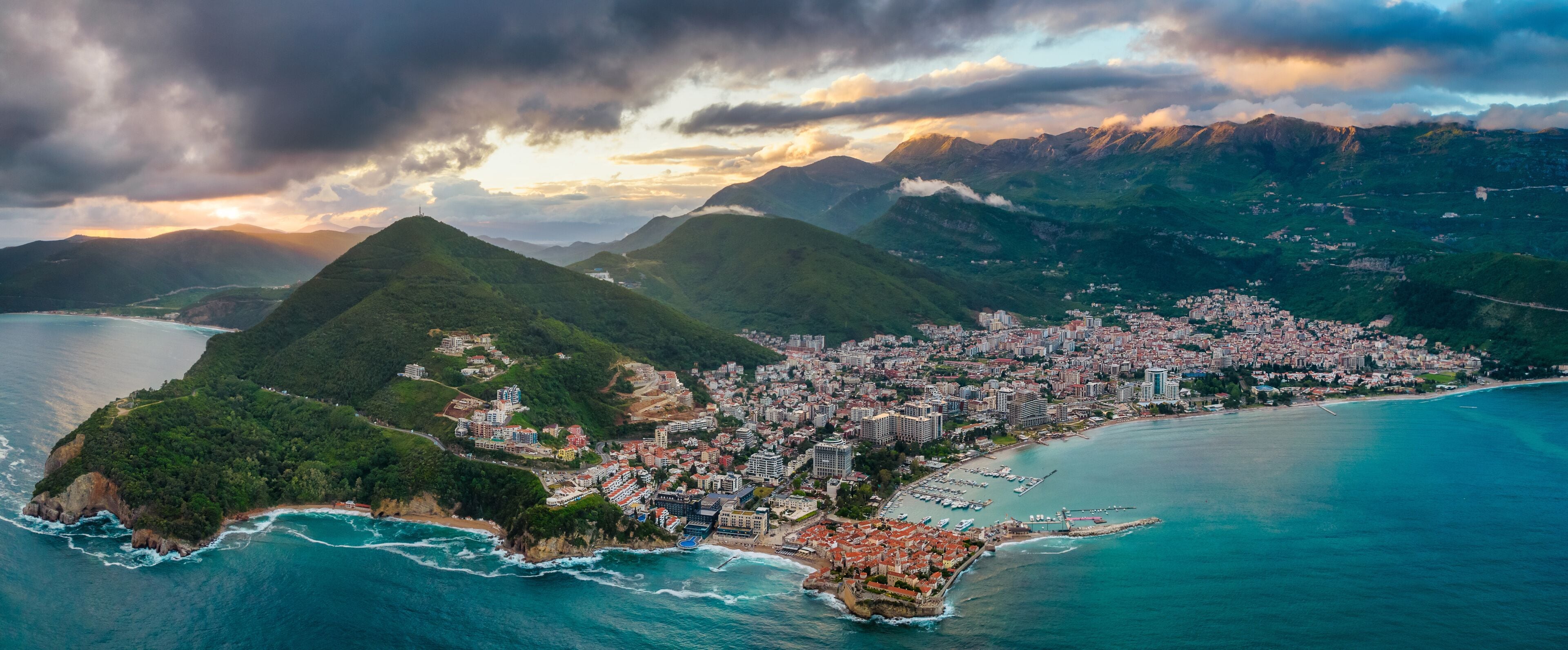 Aerial panoramic view of Budva town in Montenegro
