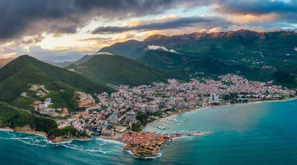 Aerial panoramic view of Budva town in Montenegro