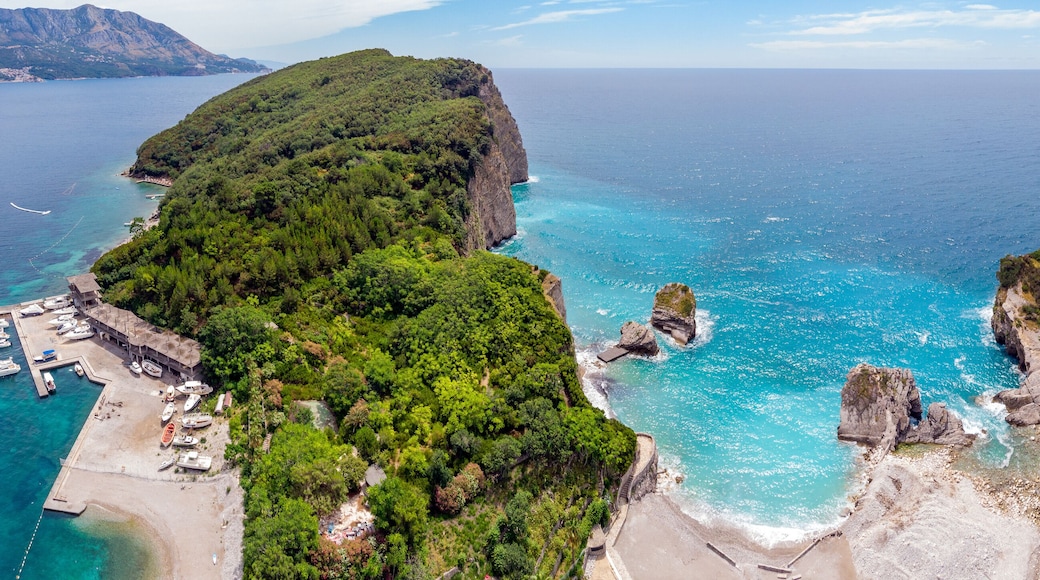 Island St.Nikola near Budva, Montenegro. Drone aerial panorama