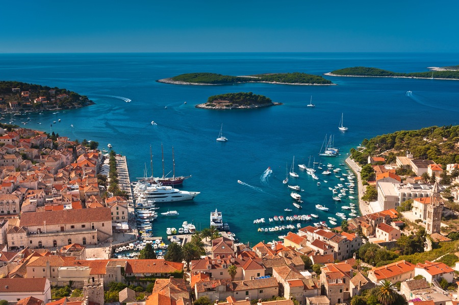 Harbor of old Adriatic island town Hvar. High angle view. Popular touristic destination of Croatia.