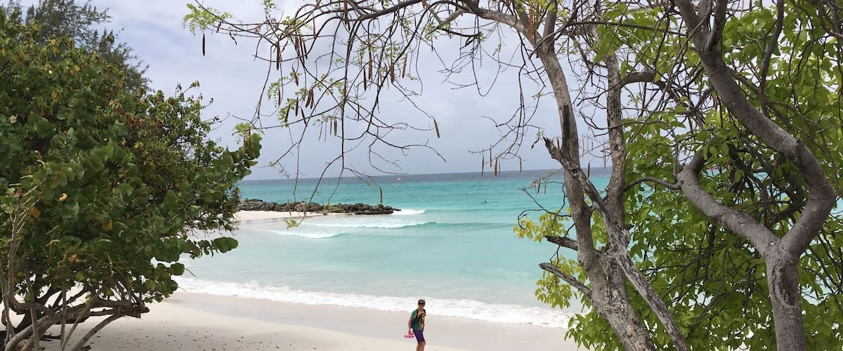 A beach with clear turquoise water, a person standing on the shore, and rocky outcrops.