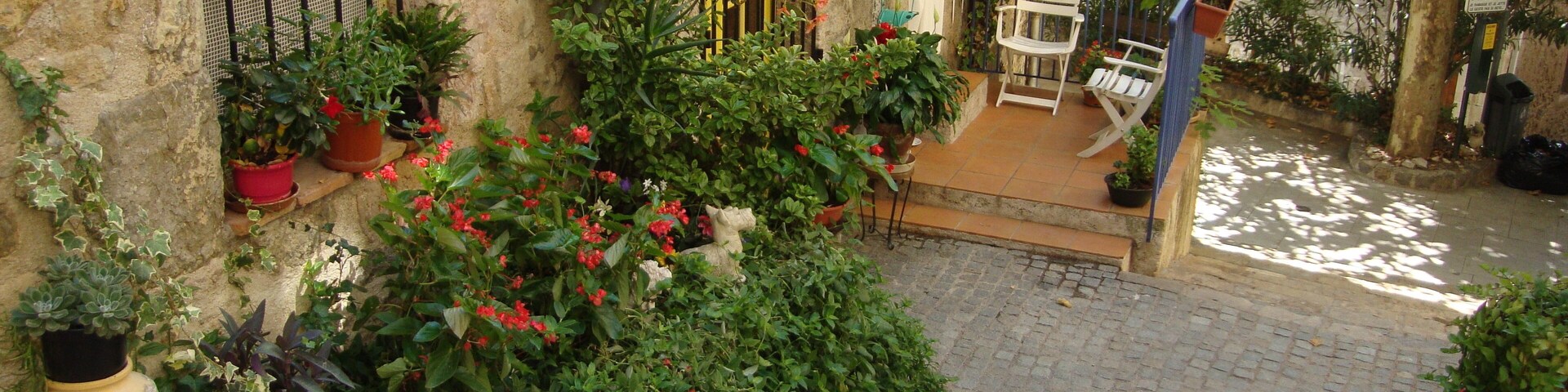 A stone staircase leading to a terrace with potted plants, a white bench, and a hanging flower pot.