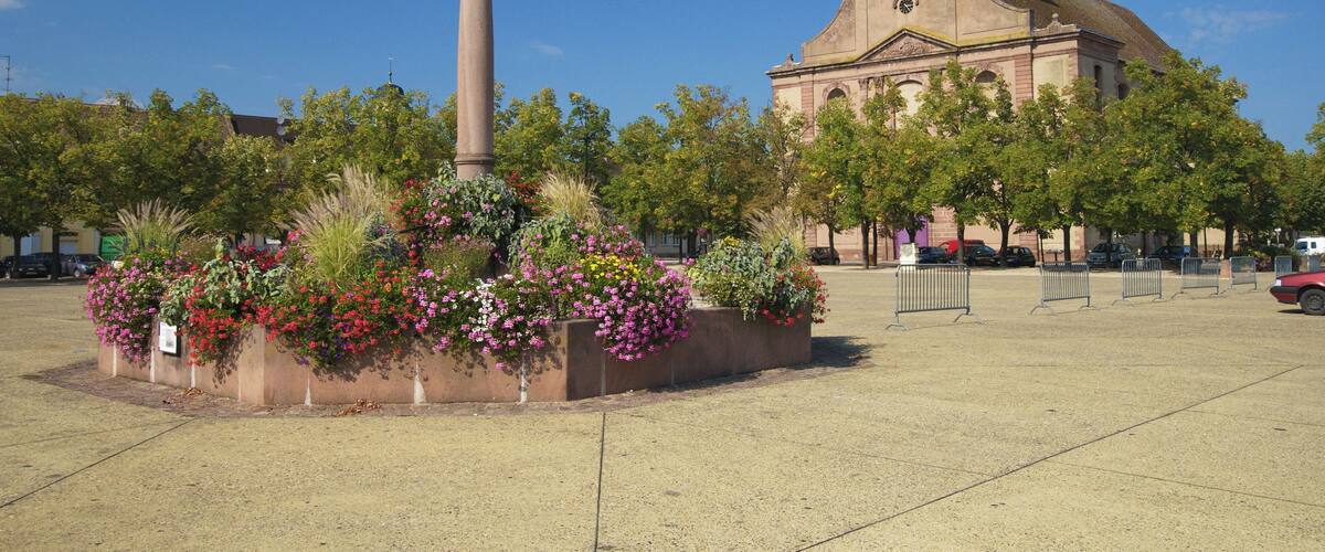 A plaza with a tall monument, a church with a dome, and flowering planters.