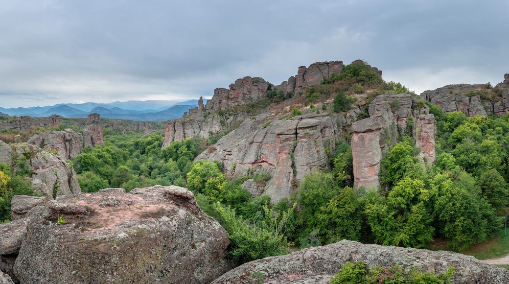 Beautiful landscape with bizarre rock formations. Stone stairs leading to the amazing rock formations and walls of a medieval fortress in Belogradchik, northwest Bulgaria. Panorama