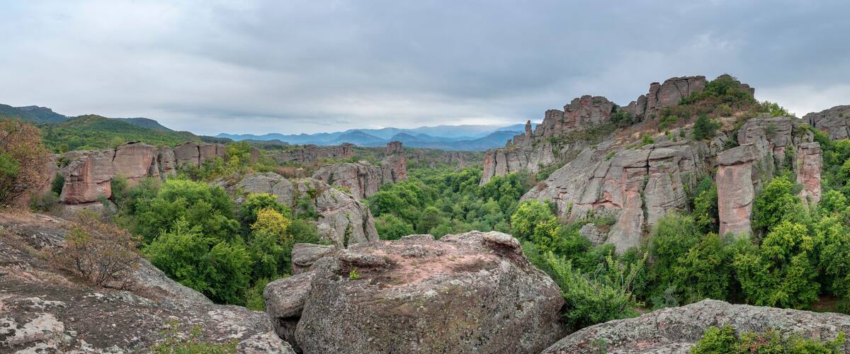 A rugged landscape with prominent rock formations and dense green foliage.
