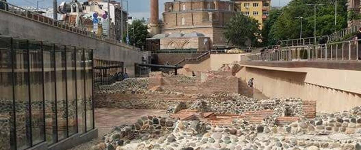View of Sofia's mosque from the ruins of the old town of Serdika just outside the central metro station.