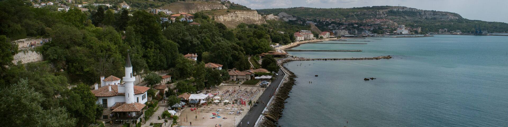 Aerial view of Balchik Castle at Black Sea on a sunny day.