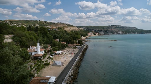 Aerial view of Balchik Castle at Black Sea on a sunny day.
