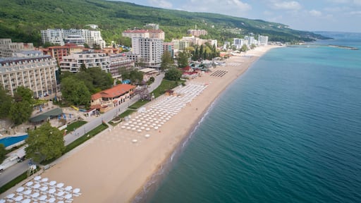 Aerial view of the beach and hotels in Golden Sands, Zlatni Piasaci. Popular summer resort near Varna, Bulgaria