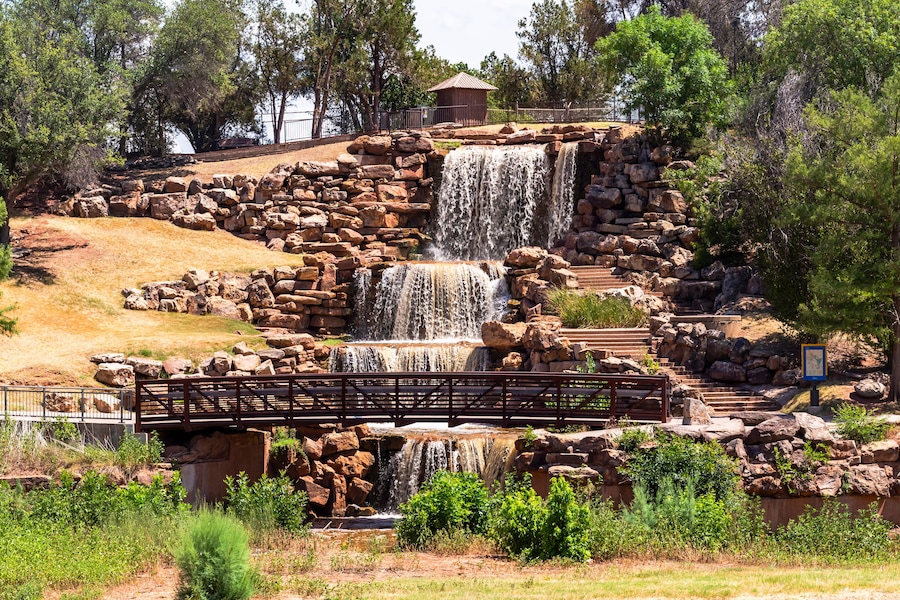 Famous man-made waterfalls in Lucy Park in Wichita Falls in Texas, USA