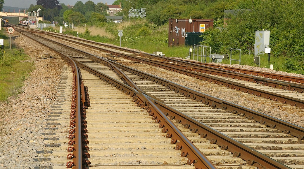 Looking east towards Yatton railway station from a level crossing.