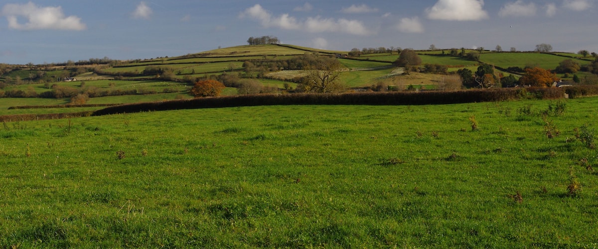 Rolling green hills, a clear blue sky, and scattered clouds.