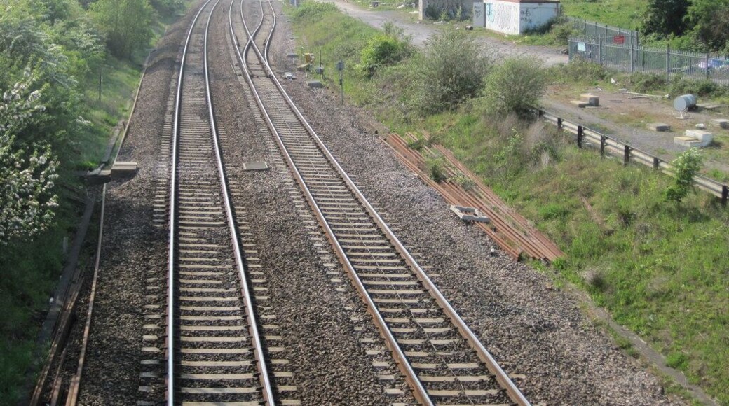 Wootton Bassett Junction railway station (site of). Opened in 1841 by the Great Western Railway on its line from London to Bristol, this station was rebuilt in 1903, and closed in 1965. View west towards the junction for South Wales and Bristol.