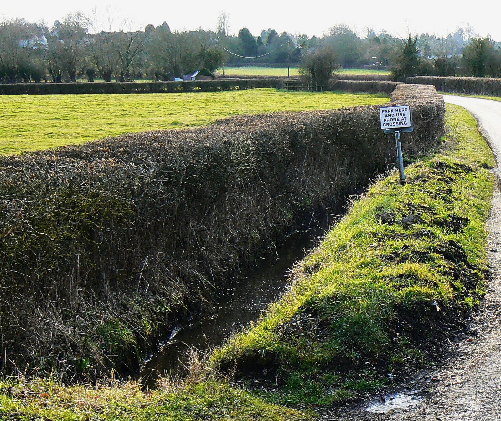 A rural road with a sign instructing to park and use a phone at crossing.