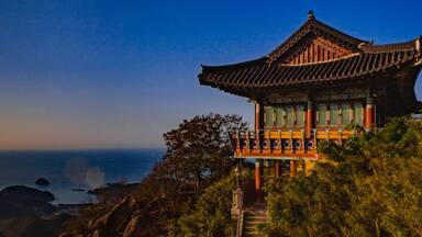Sunrise at Boriam Hermitage at the summit of Geumsan on Namhae Island, South Korea