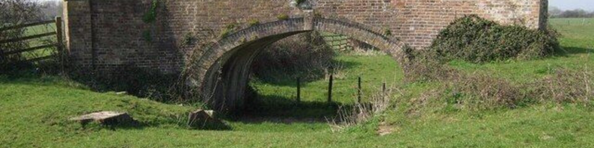 A brick arch bridge in a grassy field.