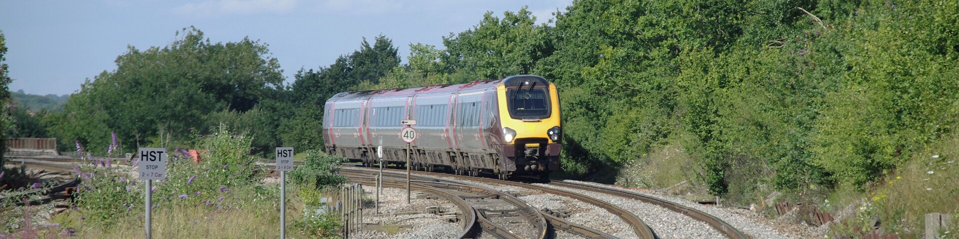 A train on railway tracks curving through a wooded area.