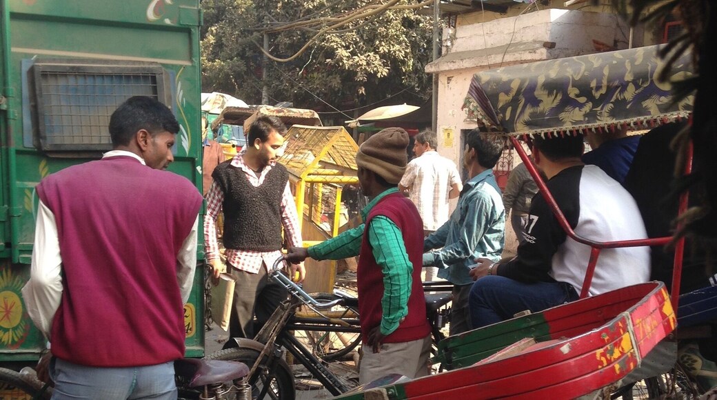 This is a traffic jam in the Old City of Delhi . We had to abandon the rickshaw and walk . At the time the refuse workers were on indefinite strike due to the fact that they hadn't been paid for months . There were piles of rubbish everywhere . We were told that the locals deliberately threw rubbish out on the street in "solidarity " with the strikers