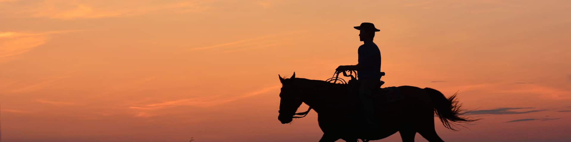 Cowboy in hat riding horse on colorful cloudy sky at sunset. Silhouette of cowboy travel in wild west mountain like western film background