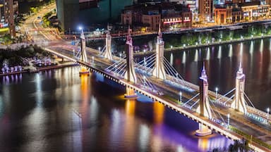 Eine hell erleuchtete Brücke mit mehreren Türmen über einem ruhigen Fluss, umgeben von Stadtgebäuden und einem Park mit beleuchteten Bäumen.