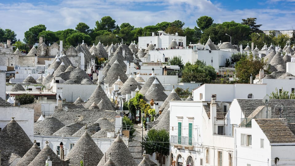 A town with numerous stone-roofed buildings and lush green trees.