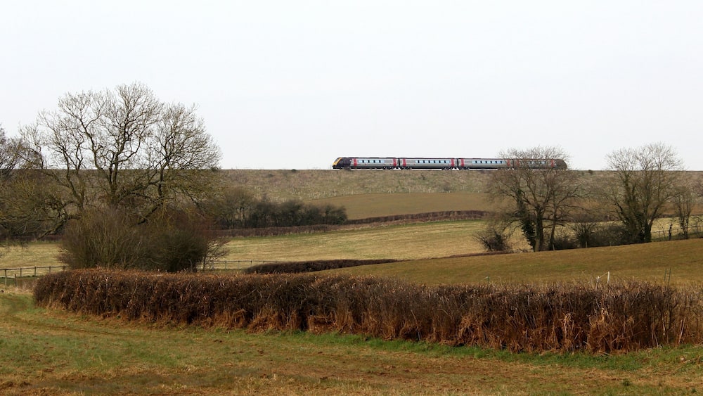 Un train circule sur une voie ferrée, dans un paysage rural composé de champs, d’arbres et d’une clôture.