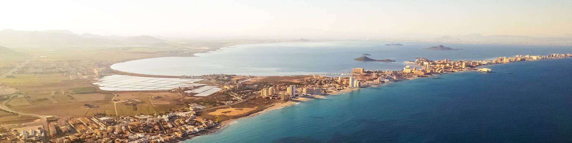 Aerial view La Manga del Mar Menor townscape. Murcia, Spain