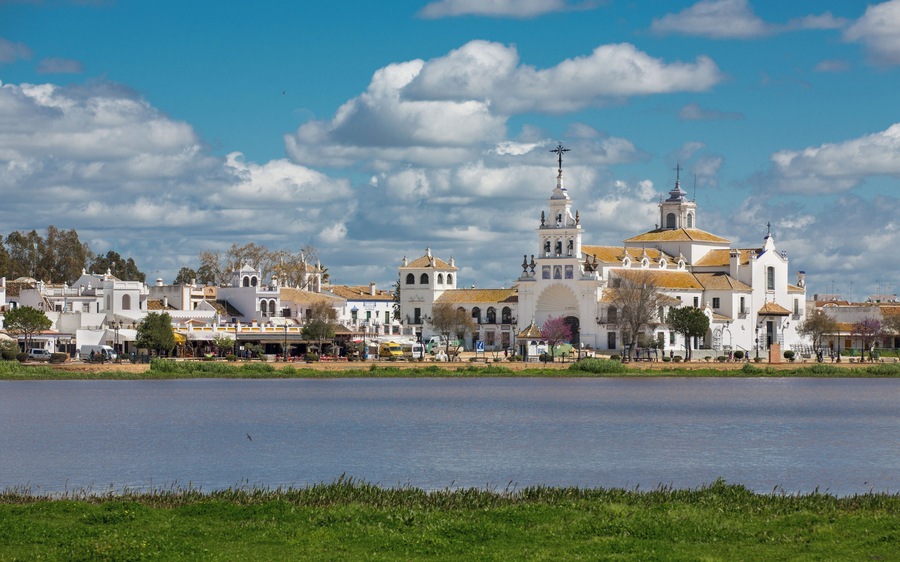 View of El Rocio and lake, cloudy day, Andalucia, Spain