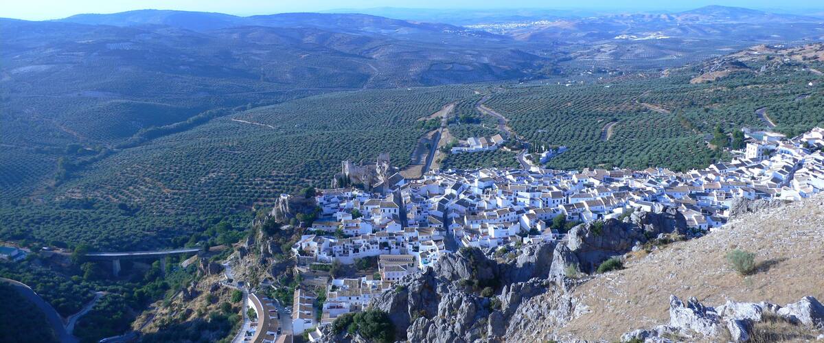 A coastal town with white buildings, a prominent castle, and a mountainous backdrop.