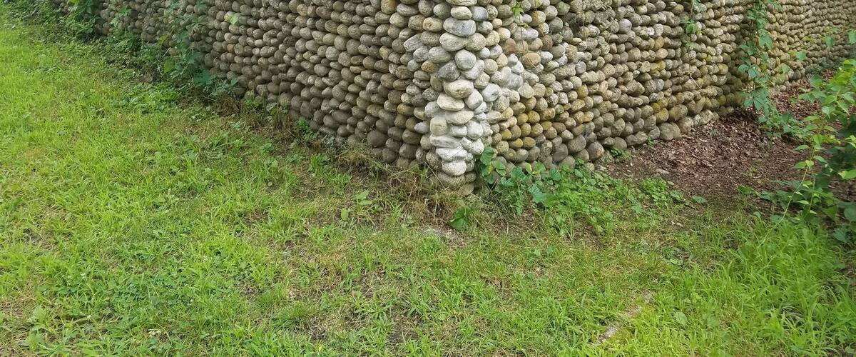 A stone wall with a rough texture, surrounded by greenery and trees.