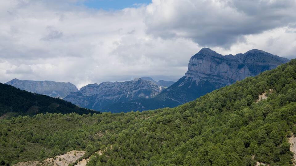 A mountainous landscape with dense green forests and rugged peaks under a cloudy sky.