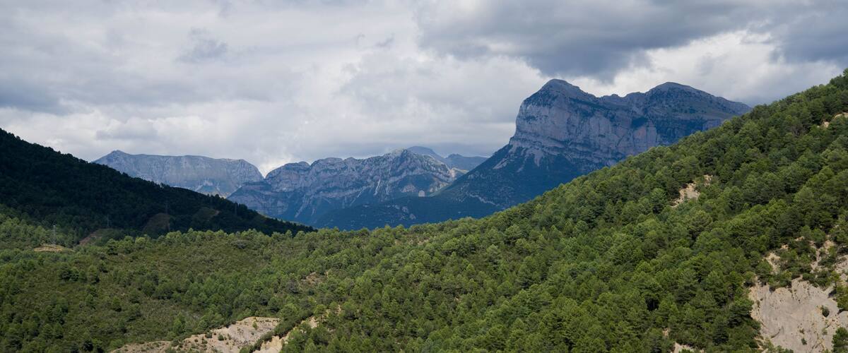 A mountainous landscape with dense green forests and rugged peaks under a cloudy sky.