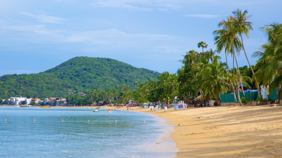 Bo Phut Beach showing a sandy beach and mountains