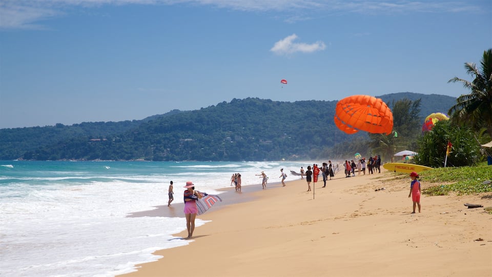 A beach with people, a clear sky, and a forested hill in the background.