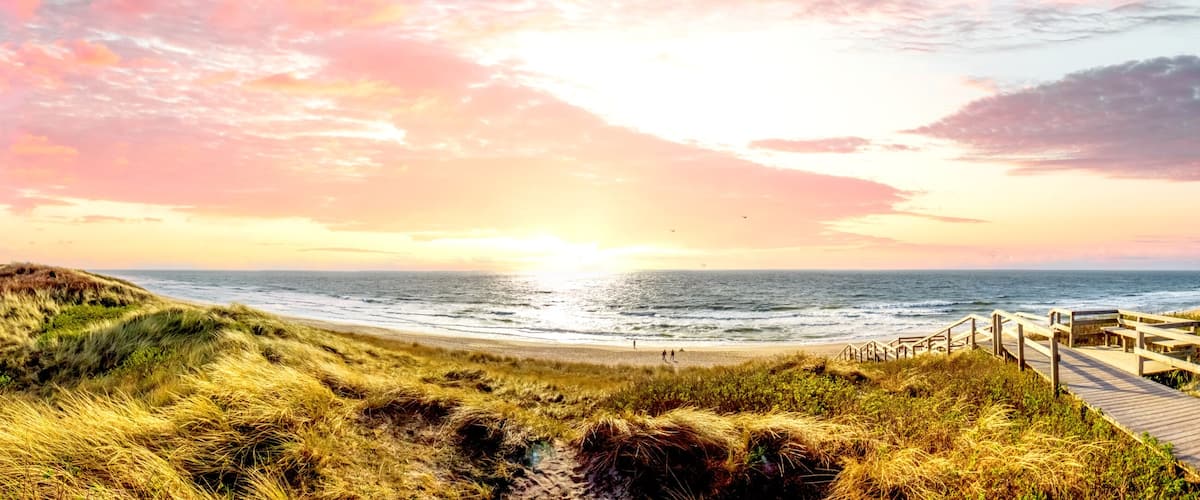 A coastal landscape with dunes, a wooden boardwalk, and the ocean at sunset.
