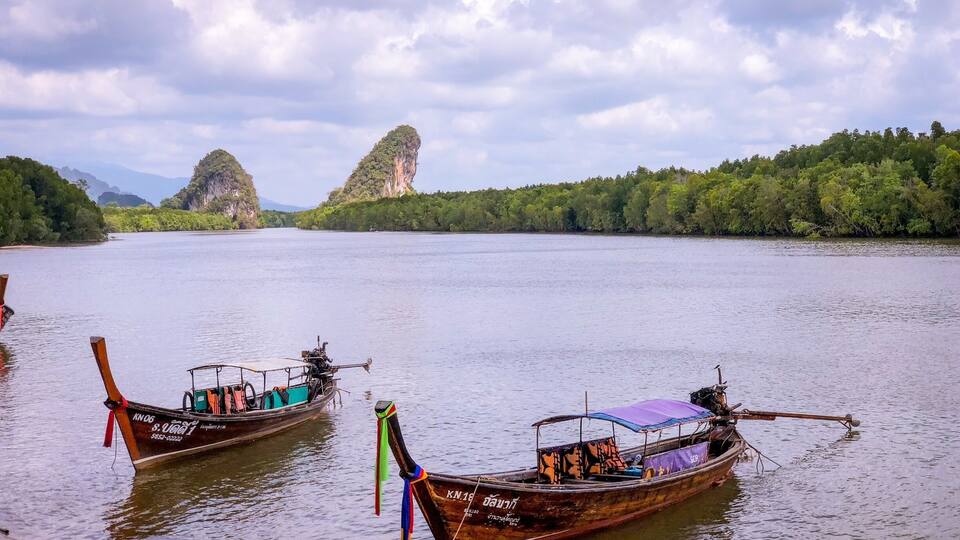 Two traditional boats docked on a calm river with a forested island in the background.
