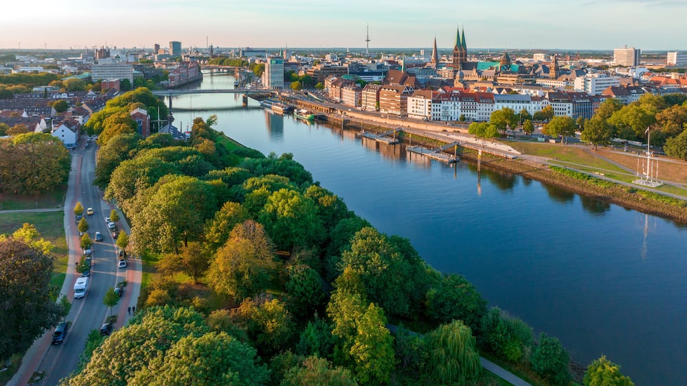 Bremen, Germany. Aerial View on Historical Center of Bremen, Marktplatz at Sunrise.