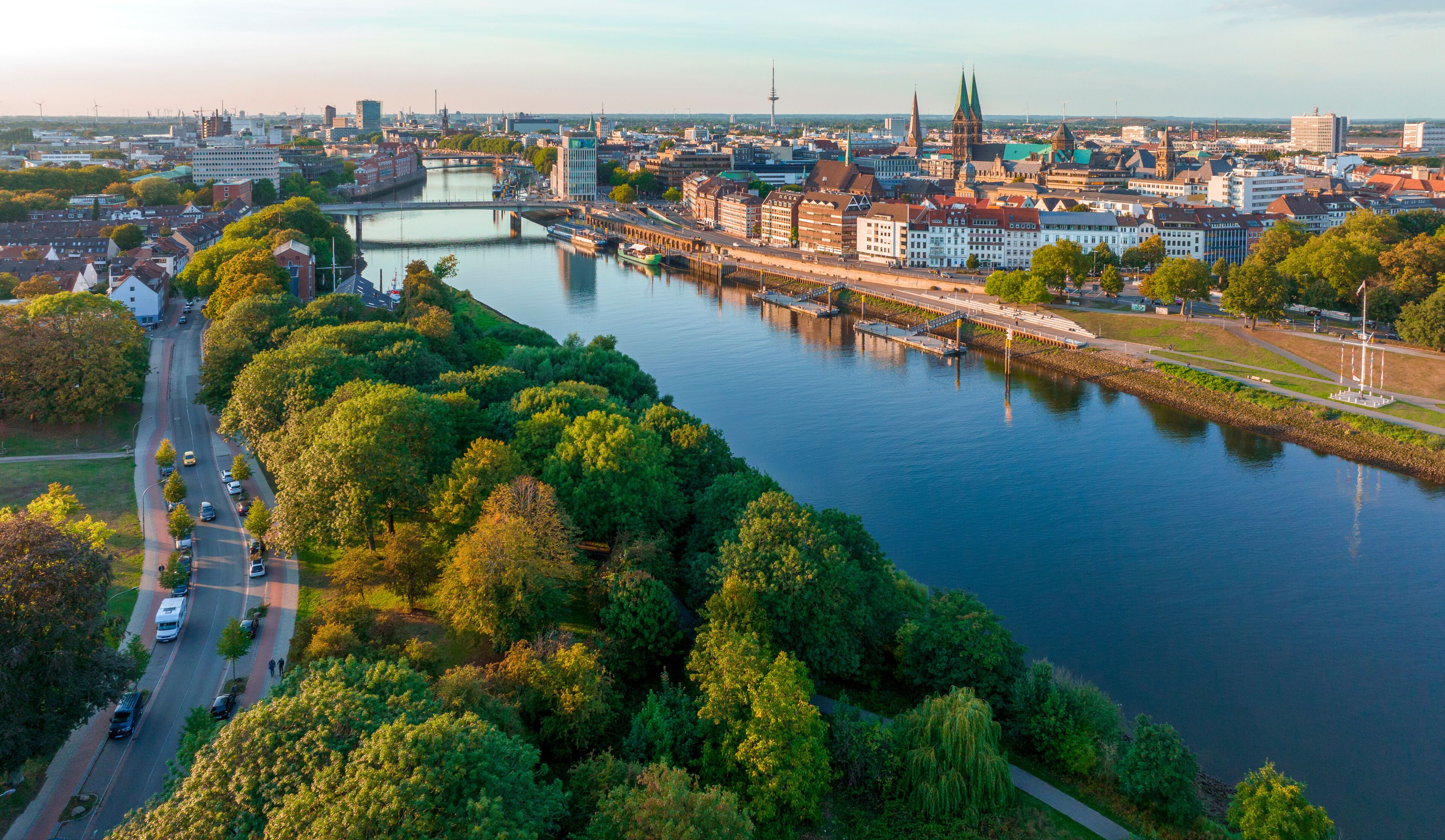 A river with a bridge, a city skyline, and a dense tree line.